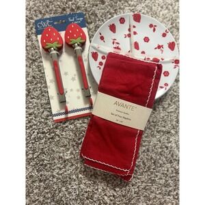 Strawberry Picnic Set Melamine Plates Red Napkins & CWC Strawberry Tongs Bundle
